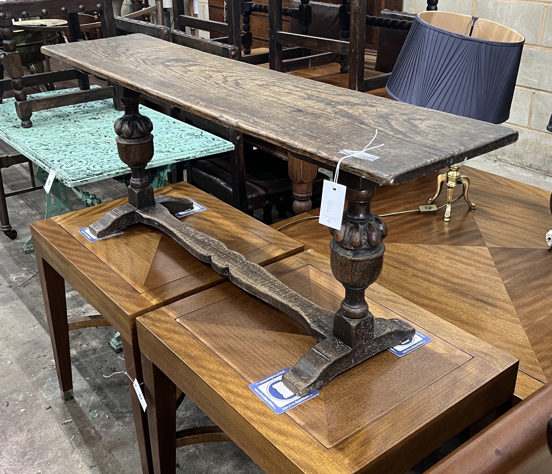 An 18th century style rectangular oak bench, width 122cm, depth 30cm, height 47cm